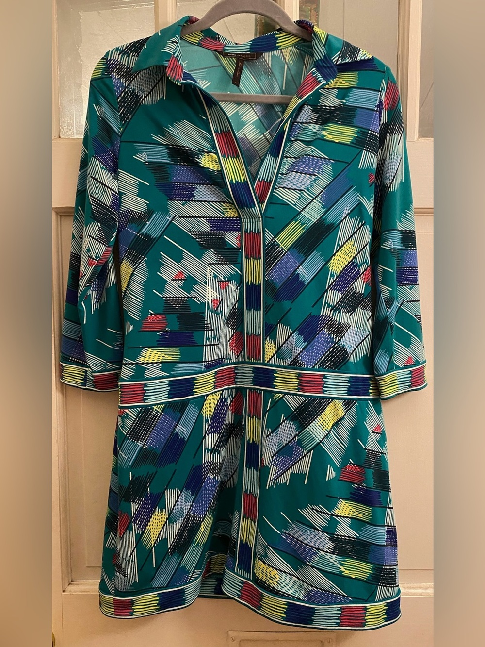 BCBGMAXAZRIA Geometric Abstract Print Drop Waist Tunic Dress Teal - Size Small